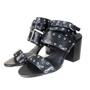 Rebecca Minkoff Black Sandal Carter Leather Grommet Strappy High Block Heel